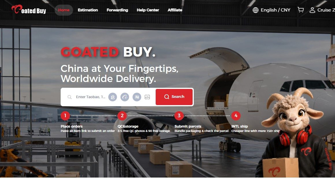 The official GoatedBuy website: a search bar to paste a Taobao, Weidian or 1688 link, plus the four-step Place orders, QC and storage, Submit parcels and International shipping flow