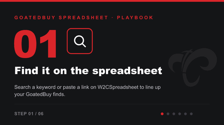 Animated GoatedBuy Spreadsheet walkthrough: find a product, paste the link, QC, consolidate and ship